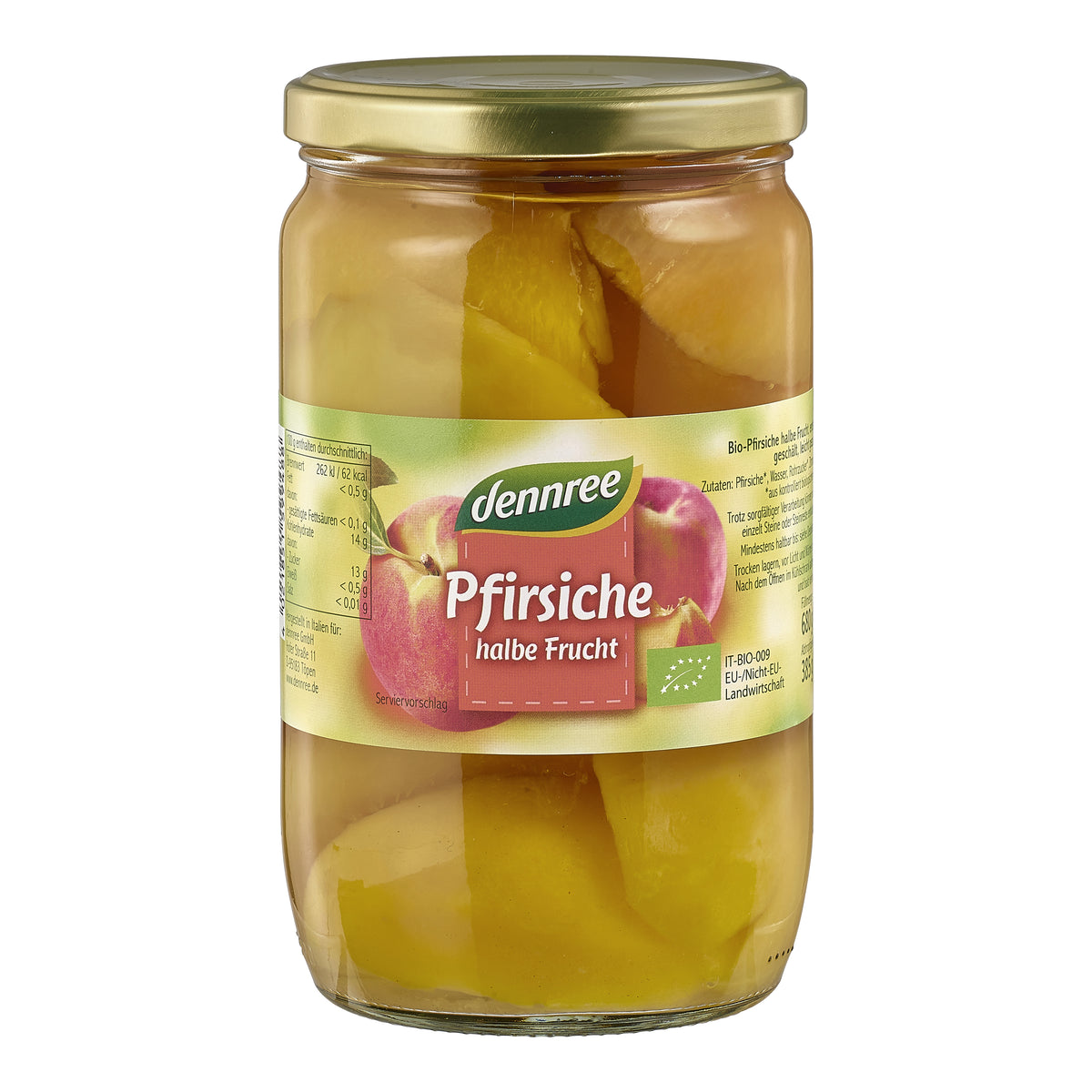 470001 Broskve loupané půlené bez pecky v mírně sladkém nálevu 680 g BIO DENNREE