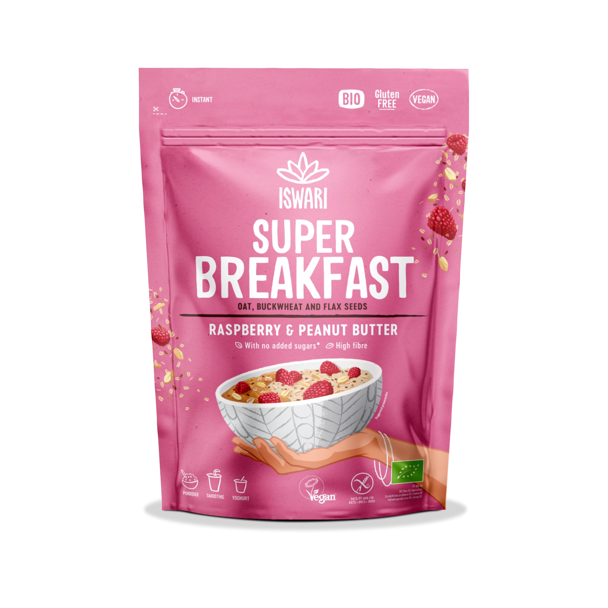 230167 Směs instantní Super Breakfast - malina a arašídové máslo 360 g BIO   ISWARI -1