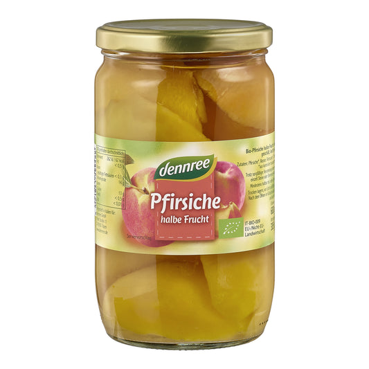 470001 Broskve loupané půlené bez pecky v mírně sladkém nálevu 680 g BIO   DENNREE