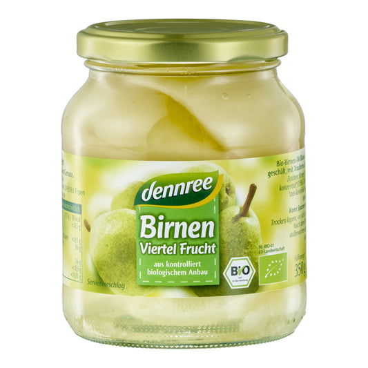 470002 Hrušky Williams loupané, krájené v mírně sladkem nálevu 350 g BIO   DENNREE