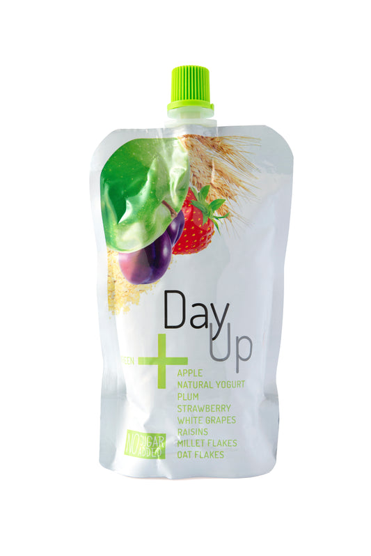 532082 Dezert ovocný jablko, švestka, jahoda s jogurtem a cereáliemi - kapsička 120 g   DAY UP-1
