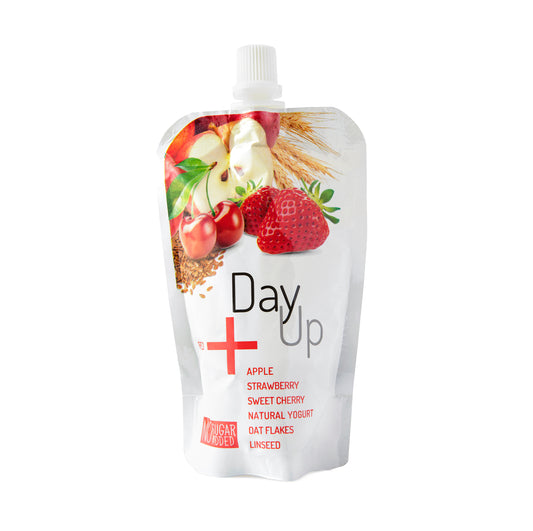 532084 Dezert ovocný jablko, jahoda, třešeň s jogurtem a cereáliemi - kapsička 120 g   DAY UP-1