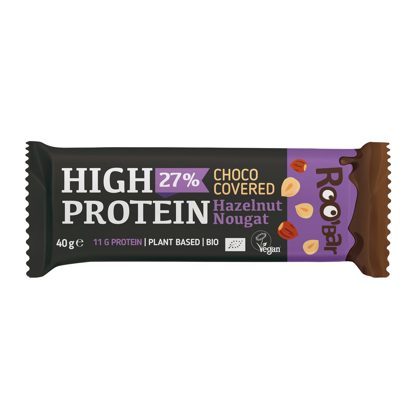 630335 Tyčinka proteinová s nugátem z lískových ořechů v čokoládě veganská 40 g BIO   ROO´BAR-1