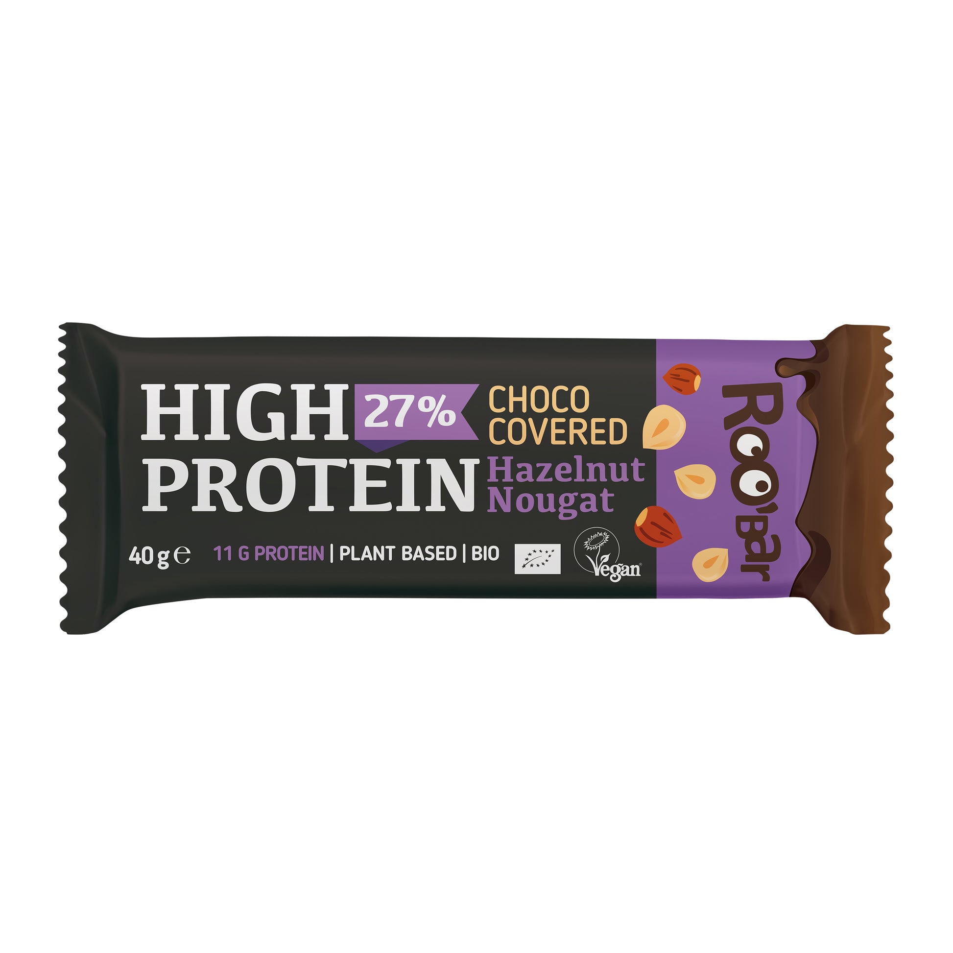 630335 Tyčinka proteinová s nugátem z lískových ořechů v čokoládě veganská 40 g BIO   ROO´BAR-1