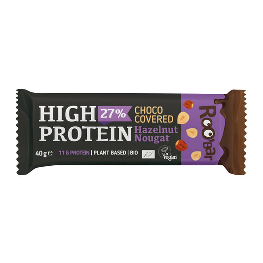630335 Tyčinka proteinová s nugátem z lískových ořechů v čokoládě veganská 40 g BIO   ROO´BAR-1