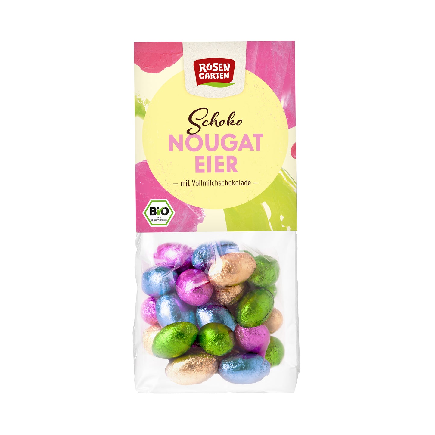 665286 Vajíčka z mléčné čokolády plněná nugátem 100 g BIO   ROSENGARTEN-1